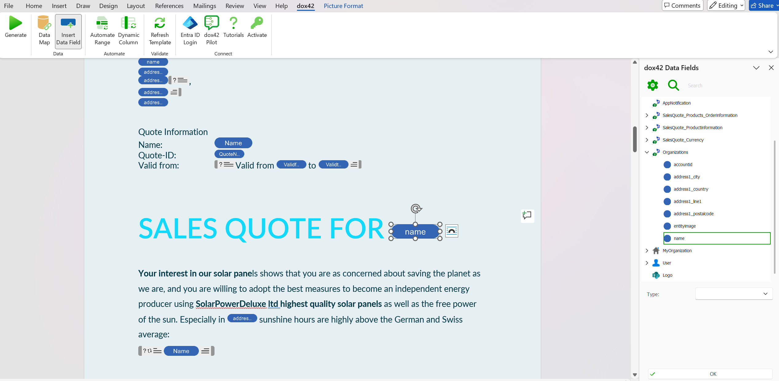 Sales quote document highlighting customer information and solar panel details for energy independence.